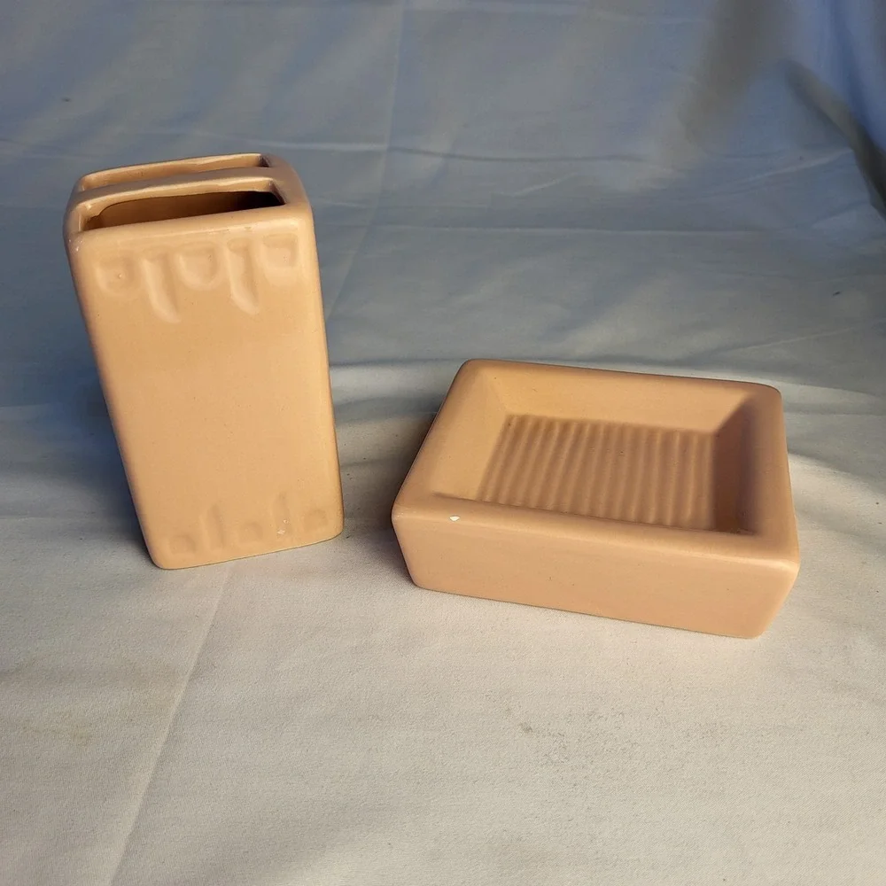 MCM Coral/Pink Ceramic Toothbrush Holder and Soap Dish